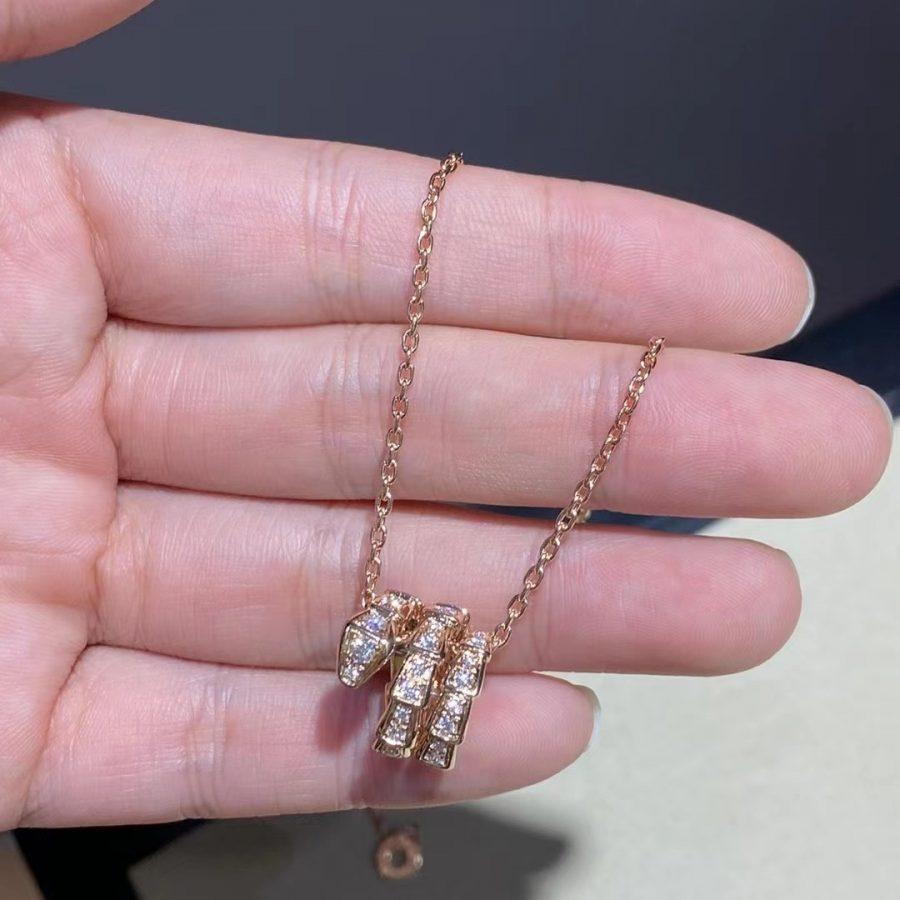 [✨Rose💎]SERPENTI PINK GOLD NECKLACE DOUBLE RING DIAMOND