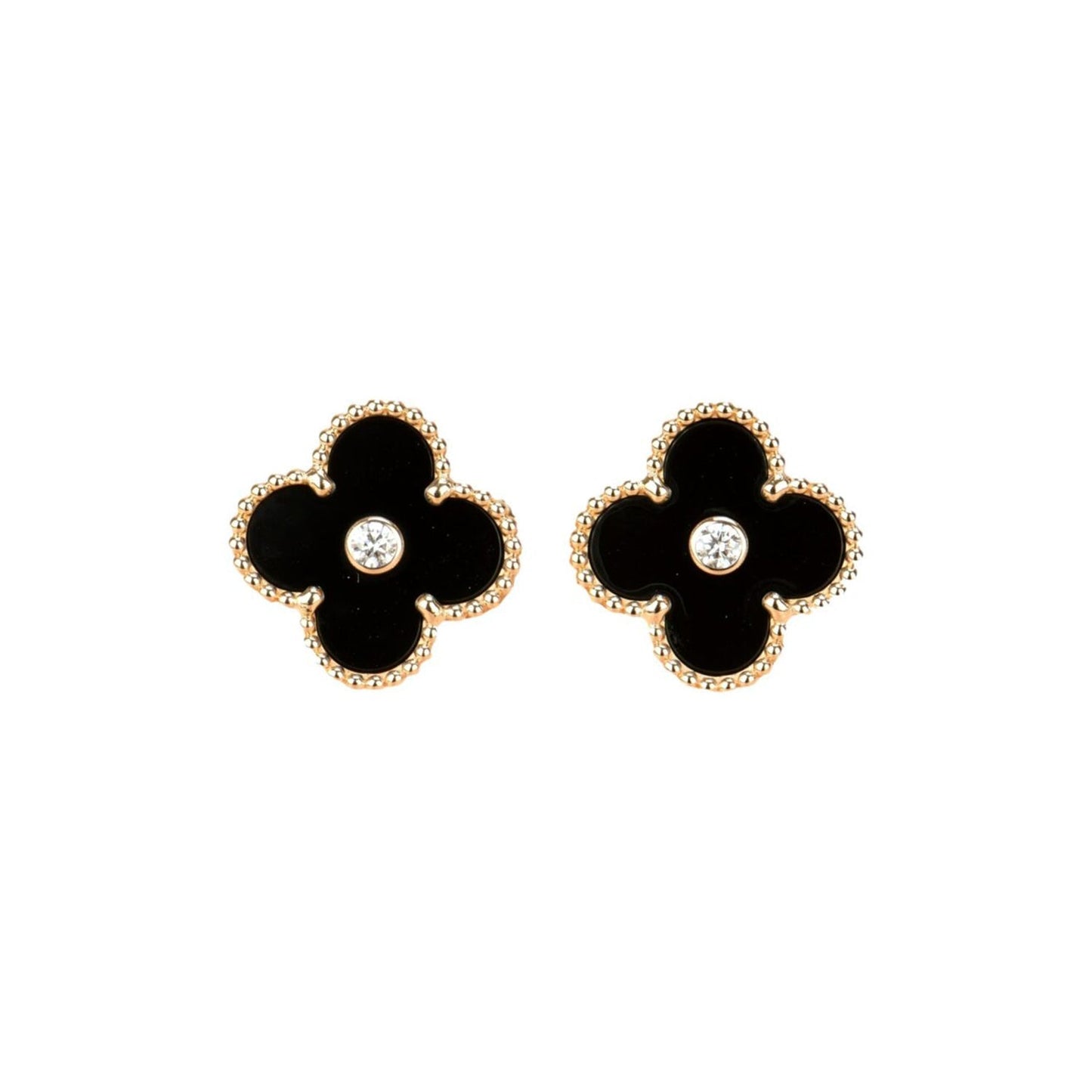 [✨Rose💎]CLOVER MEDIUM 1 MOTIFS ONYX DIAMOND EARRINGS