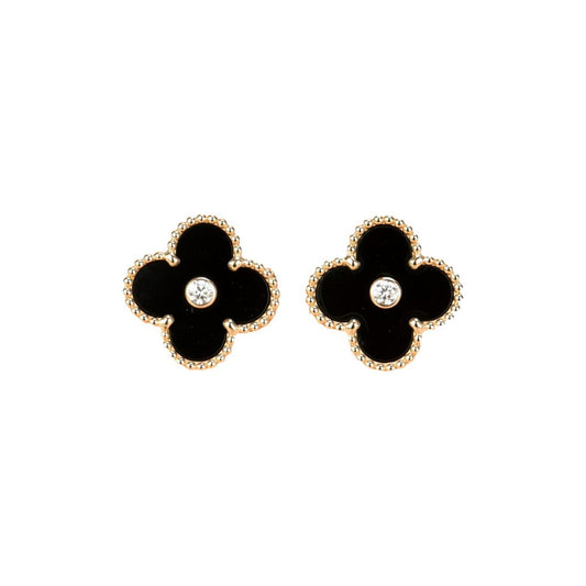 [✨Rose💎]CLOVER MEDIUM 1 MOTIFS ONYX DIAMOND EARRINGS
