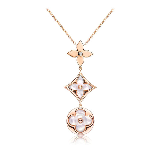 [✨Rose💎]COLOR BLOSSOM LARIAT NECKLACE PINK GOLD WHITE MOTHER PEARL AND DIAMOND