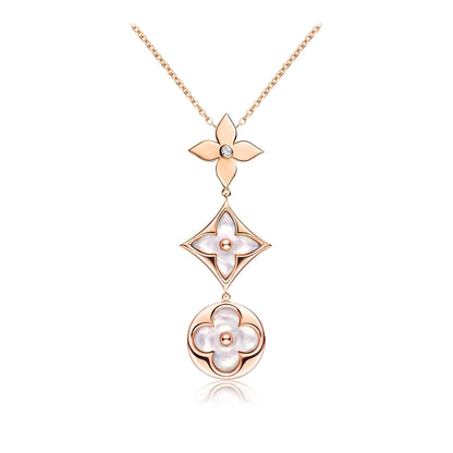 [✨Rose💎]COLOR BLOSSOM LARIAT NECKLACE PINK GOLD WHITE MOTHER PEARL AND DIAMOND