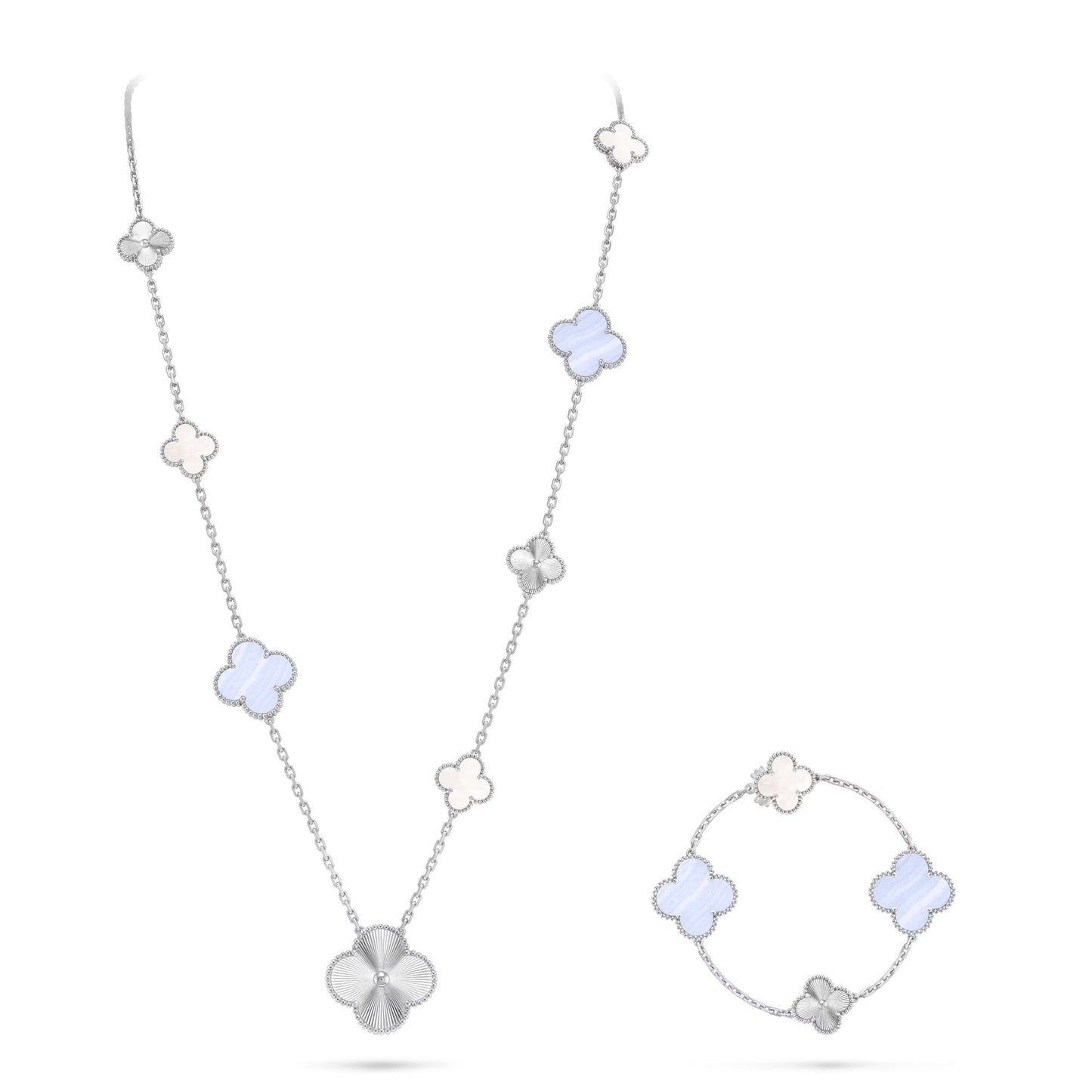 [✨Rose💎]DETACHABLE CLOVER 15(11+4) FLOWER SILVER NECKLACE SET