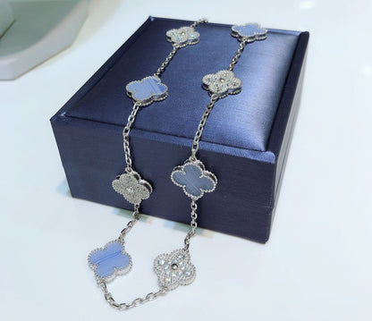 [✨Rose💎]CLOVER 10 MOTIFS CHALCEDONY DIAMONDS SILVER NECKLACE