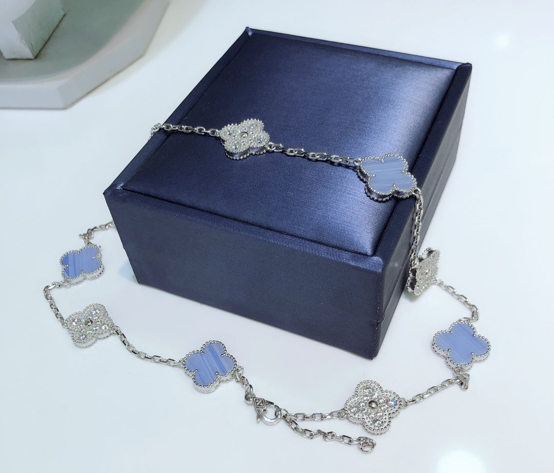 [✨Rose💎]CLOVER 10 MOTIFS CHALCEDONY DIAMONDS SILVER NECKLACE