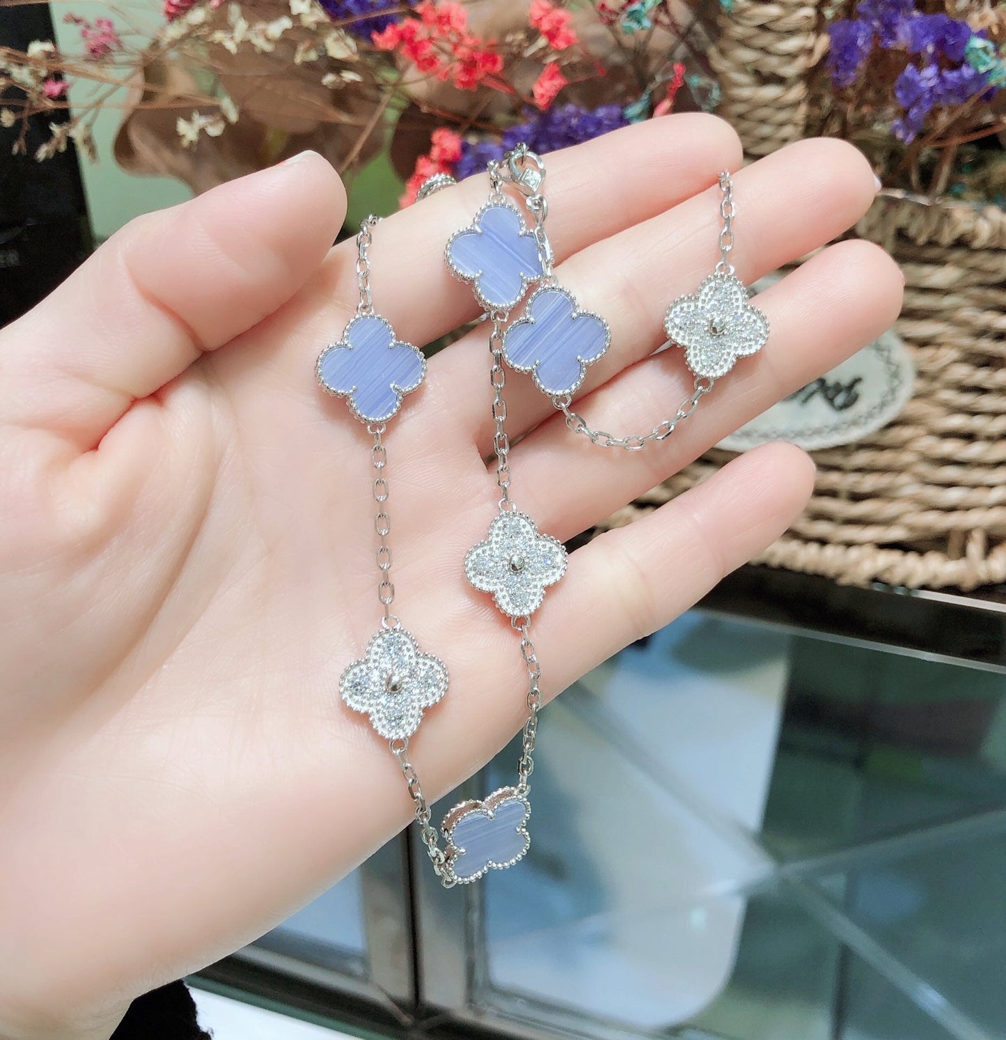 [✨Rose💎]CLOVER 10 MOTIFS CHALCEDONY DIAMONDS SILVER NECKLACE